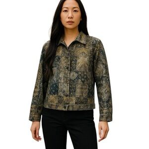 Amy K Su Large Patchwork Blazer Jacket Muted Earthtones Metallic Threads